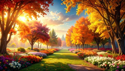 Autumn leaves falling serene garden path nature scene vibrant landscape golden hour tranquil beauty