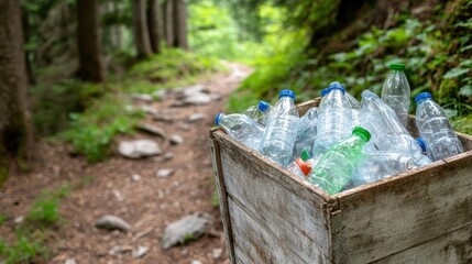 Obraz premium A wooden recycling bin full of transparent bottles near a hiking trail in the forest