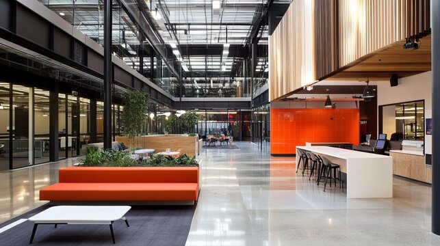 Spacious, modern interior with high ceilings, exposed beams, polished concrete floors, and vibrant orange accents.  A central atrium features greenery and comfortable seating areas
