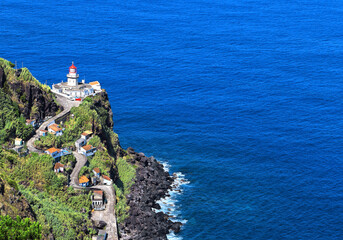 Lighthouse Farol da Ponta do Arnel, Nordeste, Island Sao Miguel, Azores, Acores, Portugal, Europe.