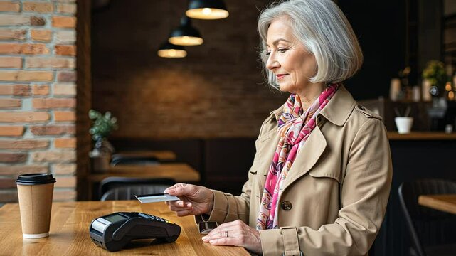 Senior woman making contactless payment with credit card at cafe. Modern financial technology for easy transaction video footage.