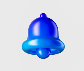 3D Glossy blue bell icon, symbolizing notifications, alerts or reminders. 3d illustration