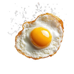 Flying fried egg, isolated on a white background, levitating mid-air with vibrant motion. PNG