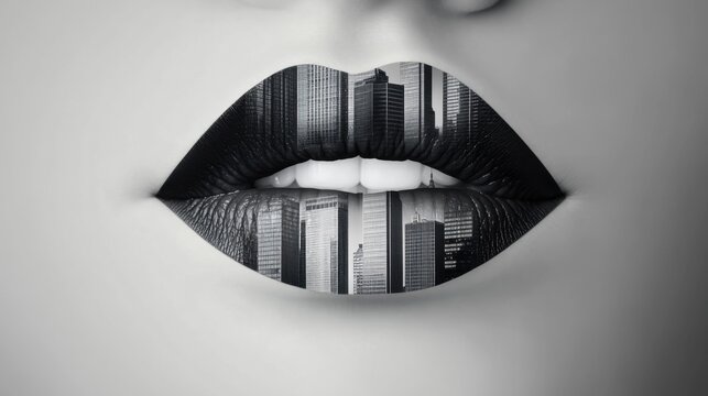 Abstract lips with skyscrapers forming the curve, bold contrast in black and white