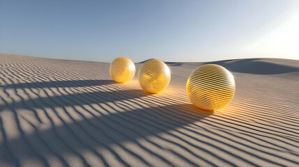 with smooth dunes and floating glowing spheres casting long shadows