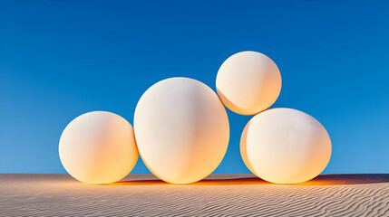 with smooth dunes and floating glowing spheres casting long shadows