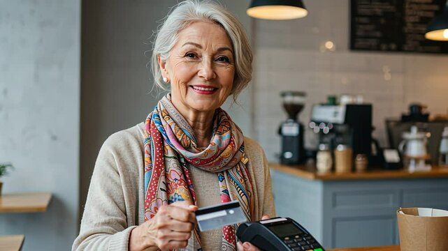 Senior woman making credit card payment. Mature female customer with payment terminal in coffee shop. Easy banking at cafe footage.