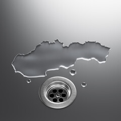 Slovakia Water Map With Drainage Metal Sink Save Water. 3D Illustration