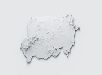Snowy Sudan Map White and Gray Shaded Relief Textured. 3D illustration