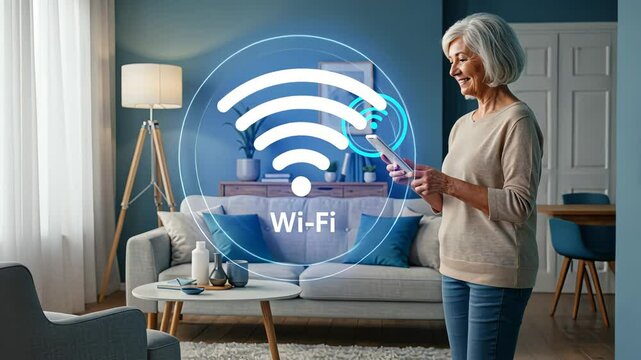 Senior woman connecting to wifi with mobile phone, using smart home system in living room. Automation technology footage.