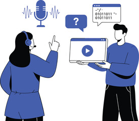 Interactive Learning: Woman with headset explaining audio, man holding video with binary code and question mark, digital communication, online education, technological explanation