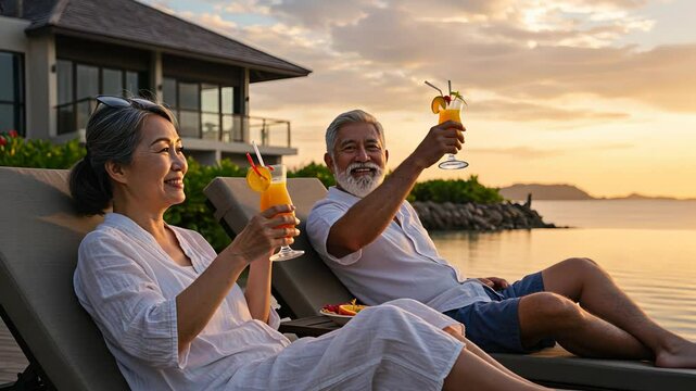 An asian woman and a caucasian man, senior couple, relax on resort lounge chairs with cocktails