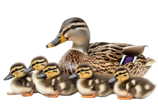 A family of ducks, isolate on white background, symbolizing unity and warmth in nature. PNG