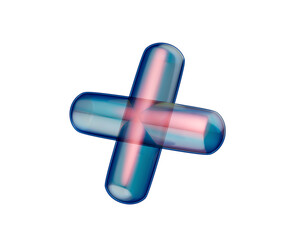 A sleek transparent blue 3D plus sign with a glossy, futuristic and reflective look. 3D Illustration