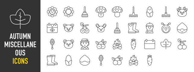 Autumn miscellaneous icons. Boy, Rain Boots, Carrot, Firewood, Berries, Honey, Sunflower, Broom, Rabbit,  Mushroom, Berries, Fork, Corn, Deer, Calendar, Cherry, Rabbit vector on white background.	
