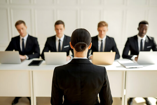 A female job applicant facing an interview panel of four professionals in a modern corporate Office. job interview, female applicant, interview panel, hiring process, recruitment, formal interview
 - Powered by Adobe