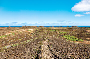 Hiking trail through volcanic landscape, Island Isla de Lobos, Canary Islands, Spain, Europe.