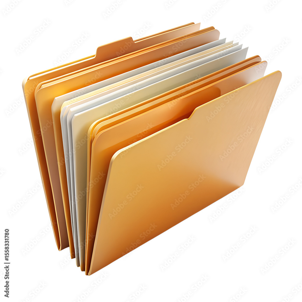 Fototapete a 3d rendering of a yellow file folder with several documents inside, isolated on transparent backgr