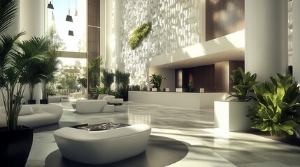Fototapeta premium Modern, bright lobby with lush greenery and comfortable seating. Natural light streams through tall windows, illuminating a stylish reception area