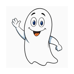 Cheerful cartoon ghost character waving hello with a friendly expression on a clean white background