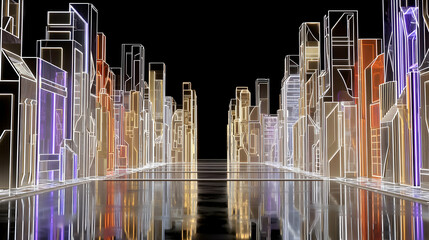 city skyline made of glowing lines and geometric patterns under a neon sky