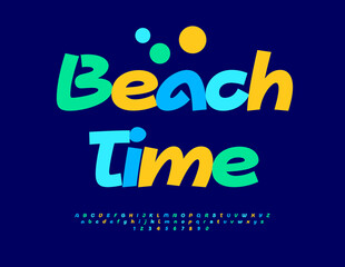 Fototapeta premium Vector Travel emblem Beach Time. Bright Joyful Font. Colorful Decorative Alphabet Letters and Numbers set.