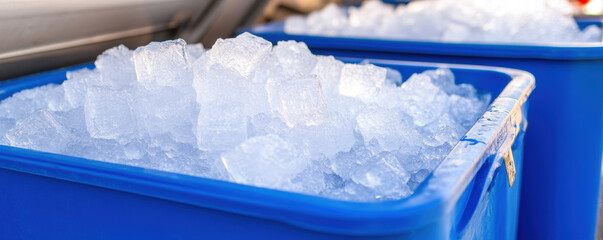 Fresh ice cubes packed into blue cooler boxes, ready for beverages, create refreshing atmosphere for gatherings and outdoor events. Perfect for keeping drinks chilled and enjoyable
