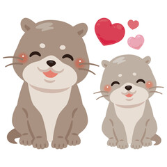 お座りした笑顔のカワウソの親子イラスト