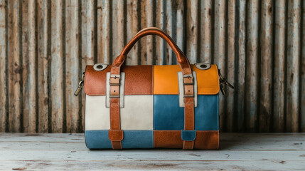 Colorful patchwork leather tote bag sits on a light wood surface, against a rustic wooden slatted backdrop