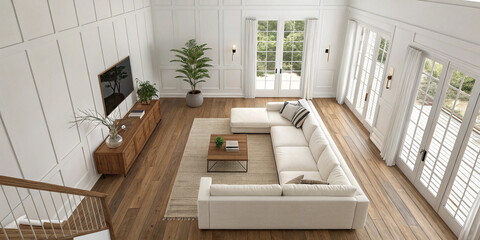 A Cozy Top View of a White and Wooden Living Room Featuring a Sofa for Relaxation