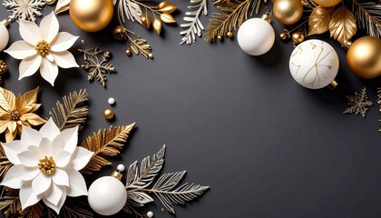 Elegant holiday decorations with gold and white ornaments festive background digital artwork indoor setting overhead view christmas spirit
