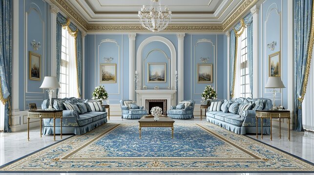Elegant blue living room with luxurious furniture, large windows, chandeliers, classic decor, and a grand area rug in a palatial setting.