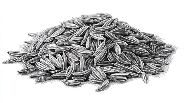 Pile of cumin seeds on a white background