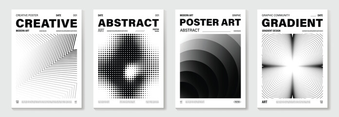 Fototapeta na wymiar Abstract monochrome poster background vector set. Modern cover template with black and white perspective geometric prism shape, line, dot halftone. Ideal design for social media, banner, ads.
