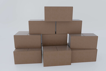 3D rendering of multiple empty cardboard delivery boxes stacked, concept of packaging, logistics, and warehouse preparation