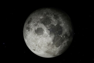 Fototapeta premium Realistic 3D rendering of the Moon with visible craters and surface texture, floating in outer space with a dark starry background