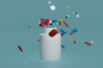 A white pill bottle with pills falling out of it