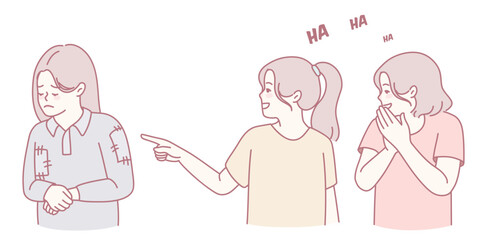 An illustration depicting two girls joyfully laughing at another girl who distinctly appears very down and distressed