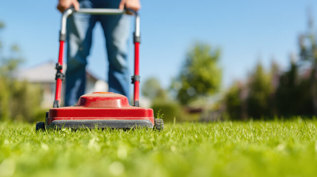 Person is mowing bright green lawn with red push lawn mower, showcasing sunny day and well maintained garden. scene conveys sense of tranquility and outdoor activity