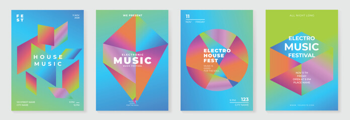 Modern gradient prism poster background vector set. Cover template with vibrant perspective geometric prism shapes different. Ideal design for social media, cover, banner, flyer.