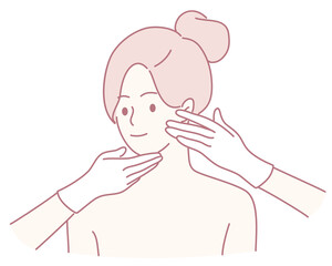 An illustration visually depicting a detailed facial treatment consultation with a professional touch and care