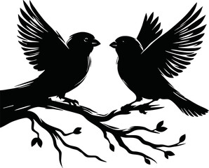 Silhouette of love birds on a branch vector on white background