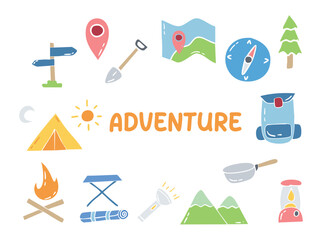 Set of icons with Adventure theme. With doodle style. For layout, website, graphic design