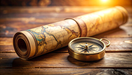 Navigational Odyssey: An antique map and compass, symbols of exploration and discovery, rest on a weathered wooden surface, bathed in warm sunlight.