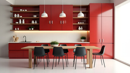 Modern Red Kitchen with Dining Table and Chairs