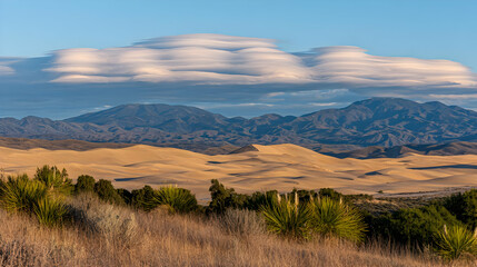 Obraz premium floating in the sky over a desert with dramatic cloud shadows