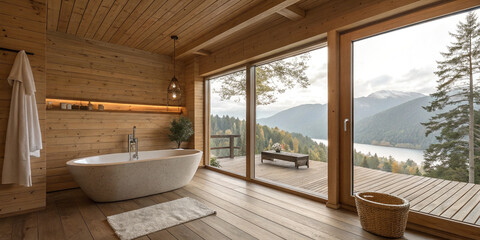 A Wooden Hotel Bathroom Interior Featuring a Bathtub and a Relaxing Atmosphere