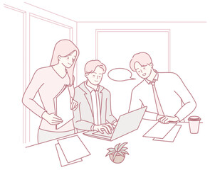 A diverse team discusses innovative ideas and strategies gathered around a laptop in a modern office