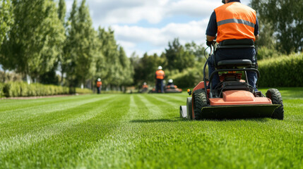 Professional landscaping crew mowing public park in vibrant green space, showcasing precision and teamwork in maintaining beauty of nature