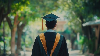 Graduate student receding from lens, wearing black graduation gown and cap on sunlit university pathway